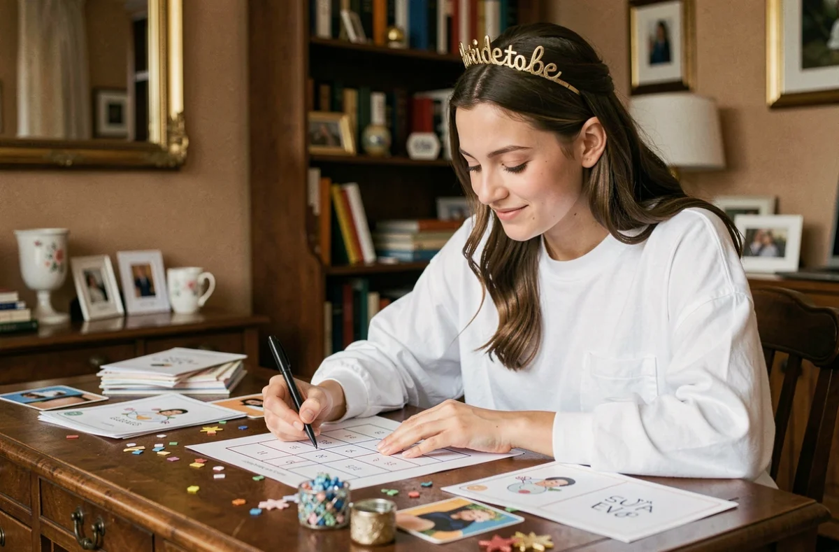 Future mariée concentrée sur une fiche de jeu EVJF imprimée à son bureau vintage