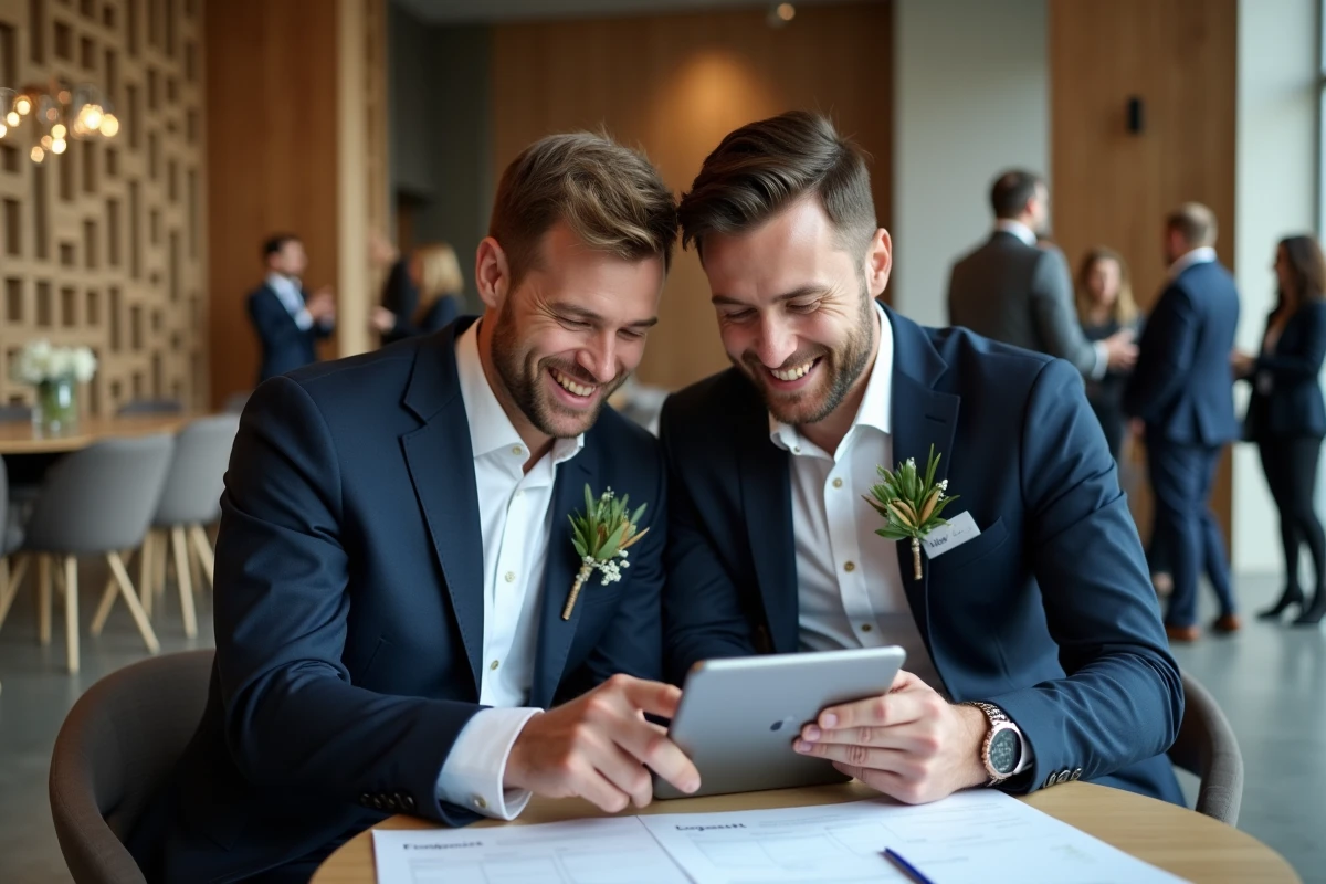 Deux garçons d'honneur en costume marine préparant les animations et jeux du mariage sur une tablette