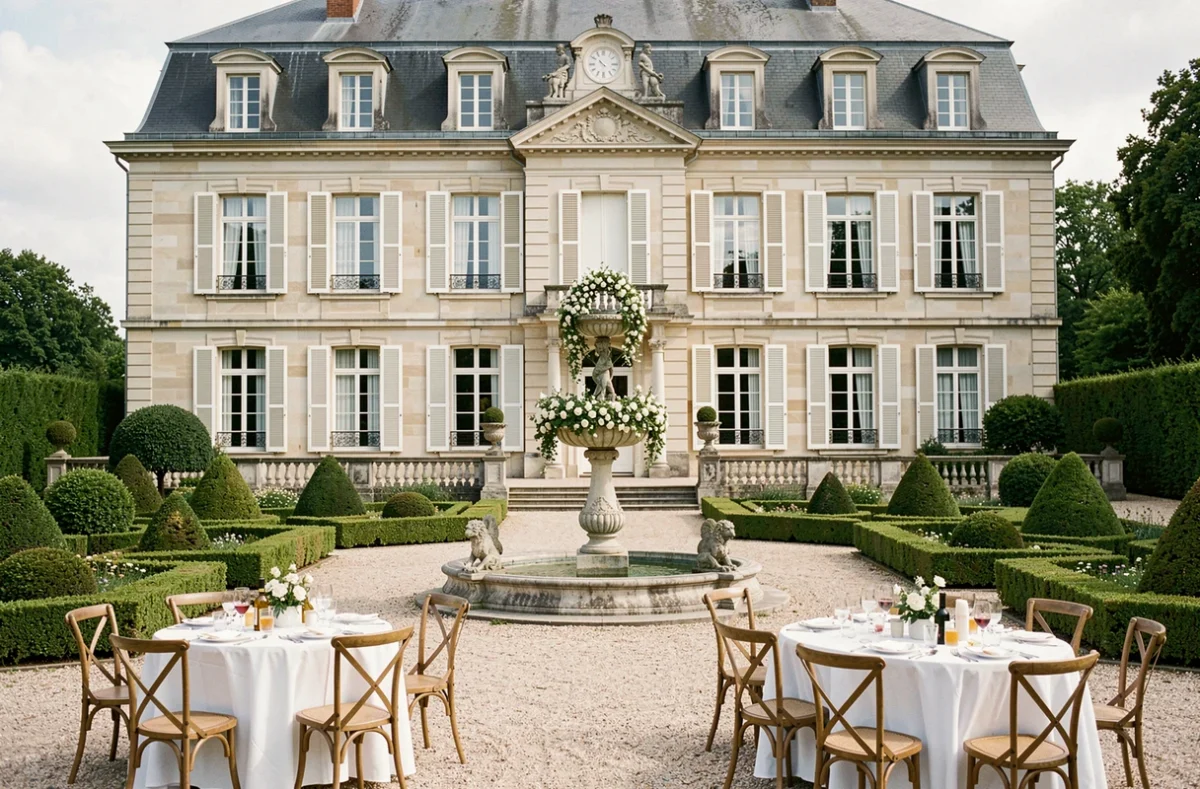 La Gentilhommière, manoir élégant avec jardin à la française et terrasse décorée pour un cocktail de mariage