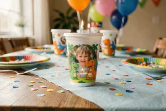 Gobelet personnalisé thème dinosaure avec photo enfant sur table d'anniversaire décorée de confettis et ballons colorés
