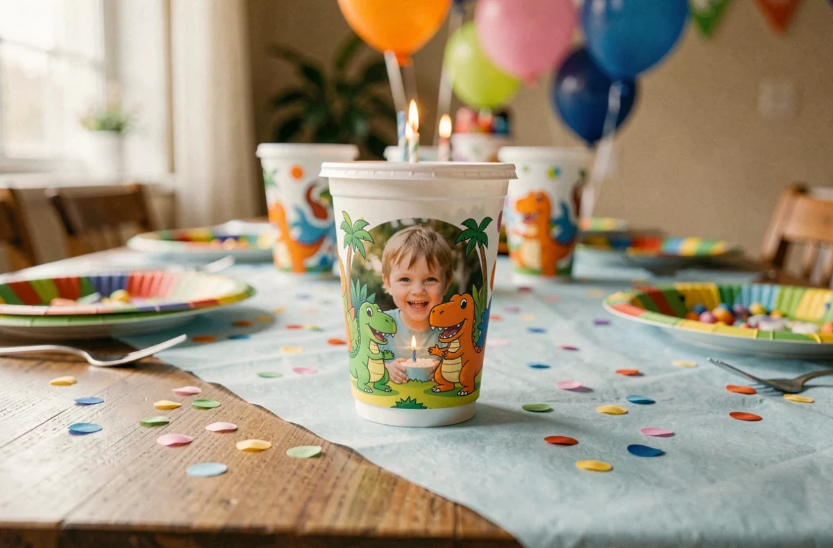 Gobelet personnalisé thème dinosaure avec photo enfant sur table d'anniversaire décorée de confettis et ballons colorés