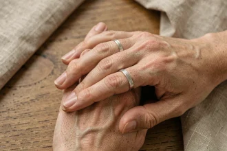 Deux mains adultes entrelacées portant des alliances en argent gravées, posées sur une table en bois, symbolisant le PACS et l'engagement d'un couple