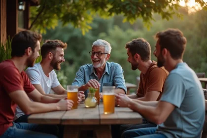 Groupe d'amis autour d'une table en jardin bar