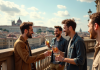 EVG : quelle destination choisir pour fêter l’enterrement de vie de garçon ? Groupe d'amis souriants avec cocktails sur une terrasse en ville