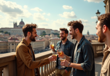 Groupe d'amis souriants avec cocktails sur une terrasse en ville