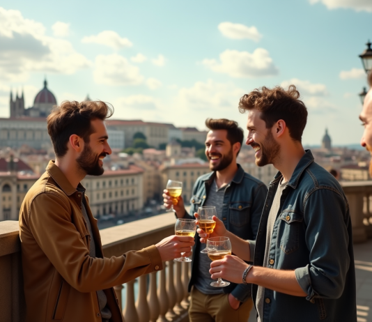 EVG : quelle destination choisir pour fêter l’enterrement de vie de garçon ? Groupe d'amis souriants avec cocktails sur une terrasse en ville