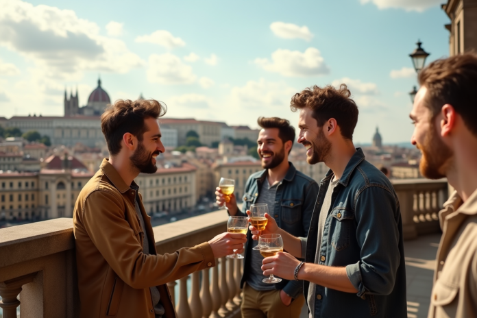 Groupe d'amis souriants avec cocktails sur une terrasse en ville