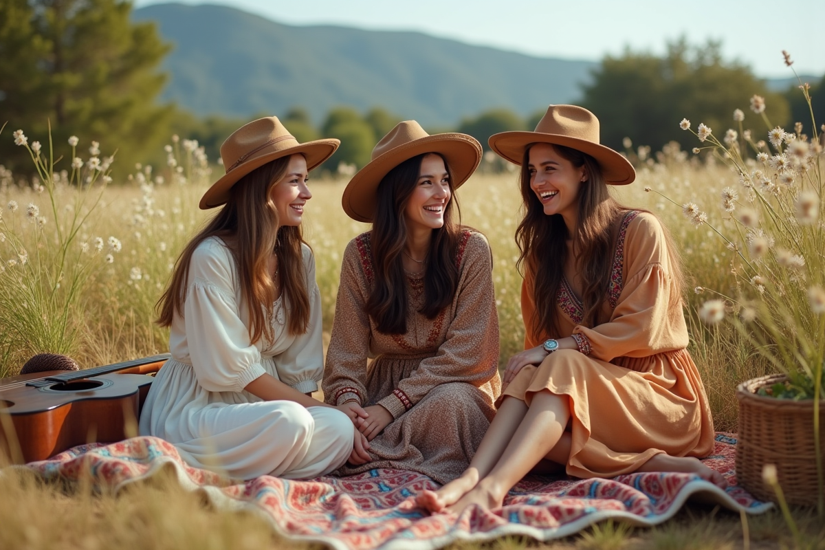 Trois amis bohèmes partageant un pique-nique en plein air