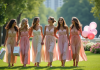 Groupe de femmes en robes pastel dans un parc en été