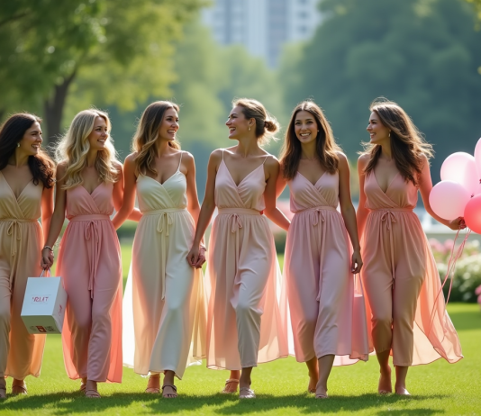 Groupe de femmes en robes pastel dans un parc en été