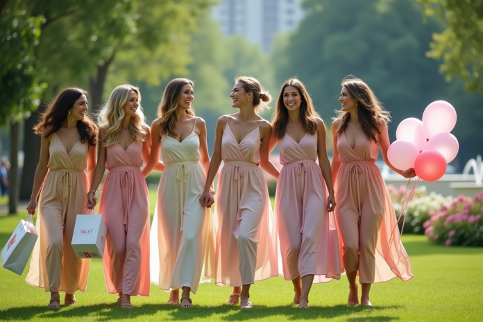 groupe-femmes-parc-ete Groupe de femmes en robes pastel dans un parc en été