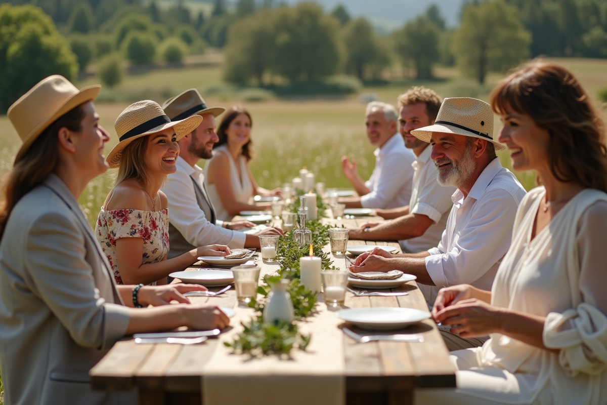 Invites de mariage assis autour d une table en plein air