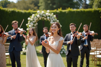 Groupe d'invites de mariage dans un jardin ensoleille avec quatuor à cordes