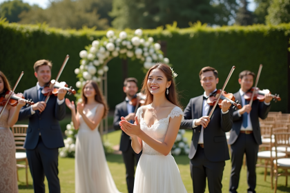 Groupe d'invites de mariage dans un jardin ensoleille avec quatuor à cordes