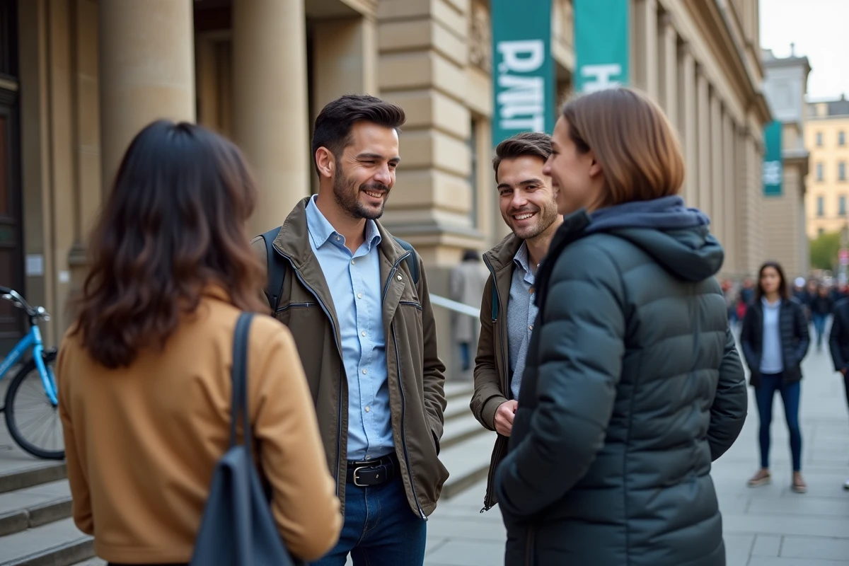 Groupe de personnes discutant devant une mairie historique
