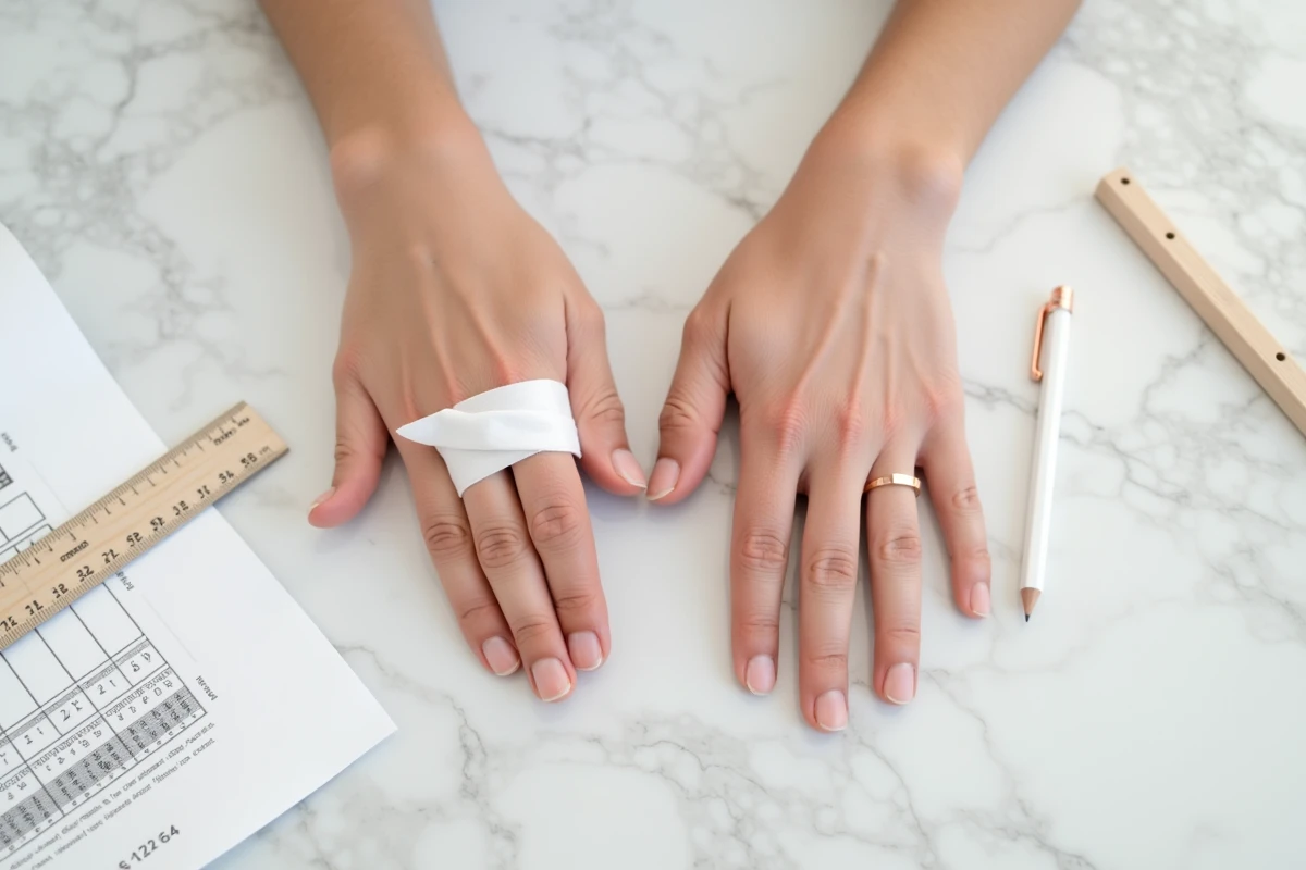 Vue de dessus de deux mains adultes avec bandelettes de papier pour mesurer le tour de doigt, règle et guide des tailles de bague sur marbre blanc