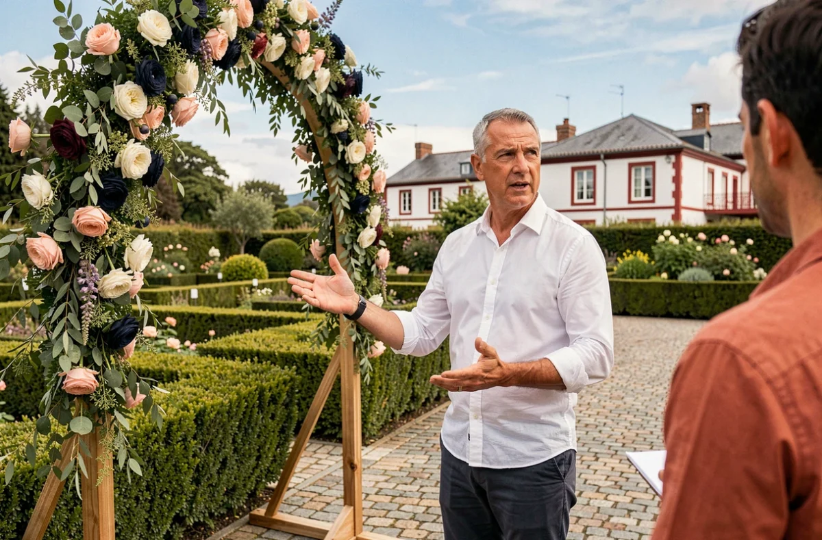 Coordinateur de Hamon Events dirigeant l'assemblage d'une arche florale dans un jardin au Pays Basque