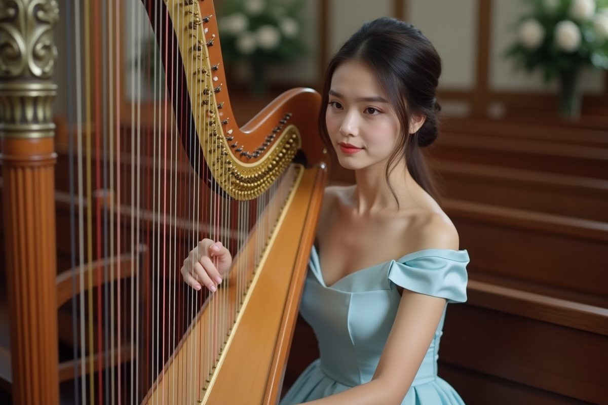 Jeune harpiste en robe bleue lors d'une cérémonie de mariage