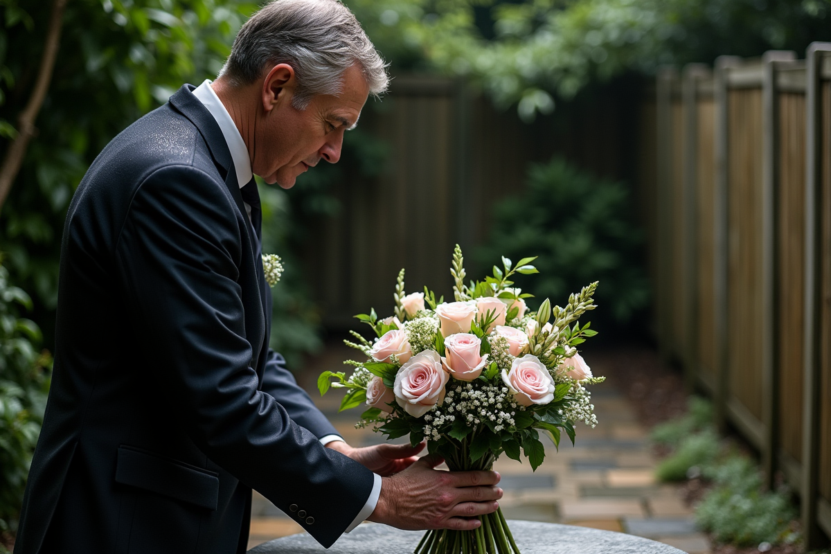Homme en costume arrangeant un bouquet dans un jardin nocturne