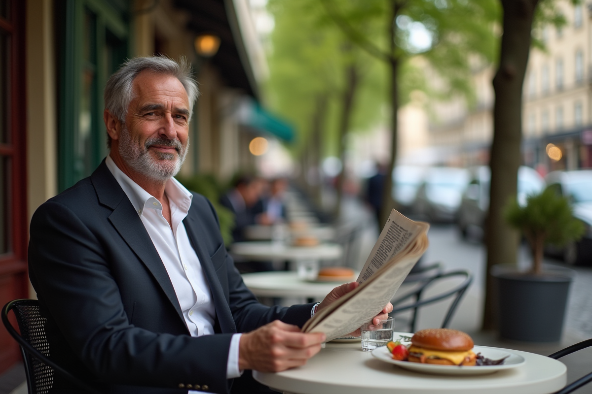 Homme lisant un journal dans un café parisien charmant