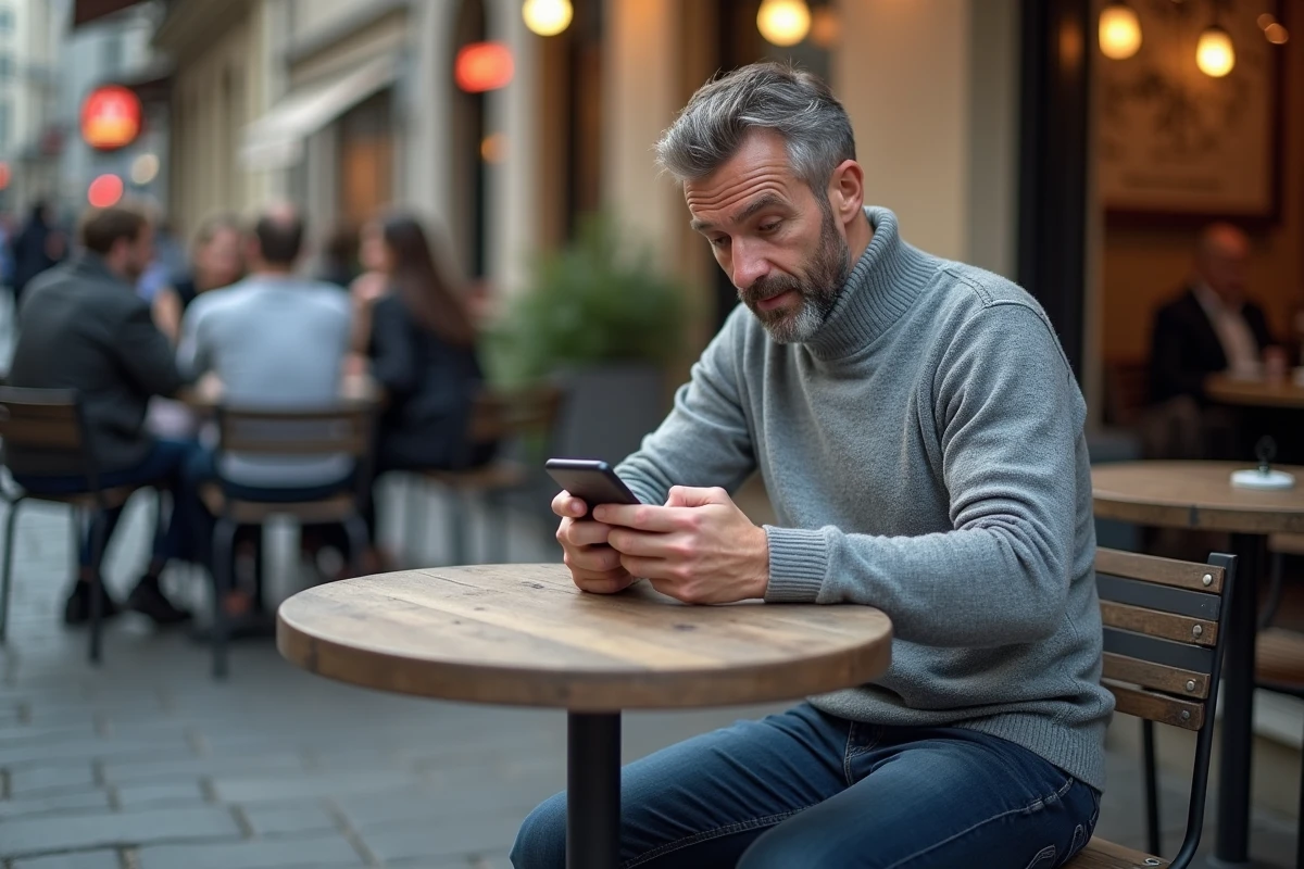 Homme seul au café vérifiant ses messages sur smartphone