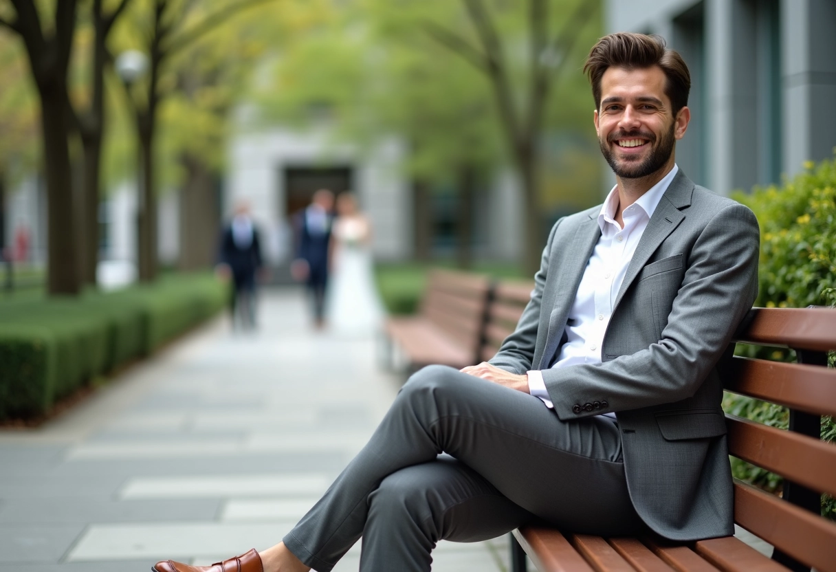 Homme en costume léger assis sur un banc dans un parc
