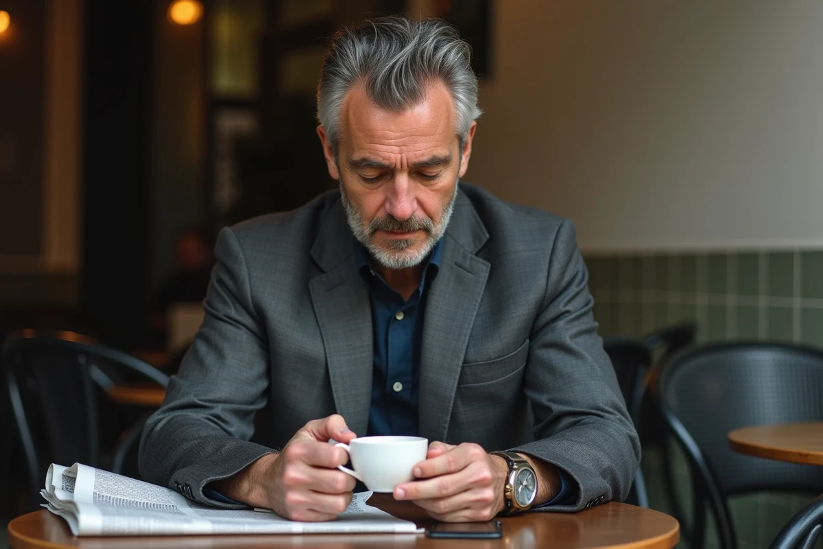 Homme élégant assis seul à la terrasse d'un café parisien, regard baissé et smartphone retourné, symbolisant la volonté de préserver sa vie privée et conjugale
