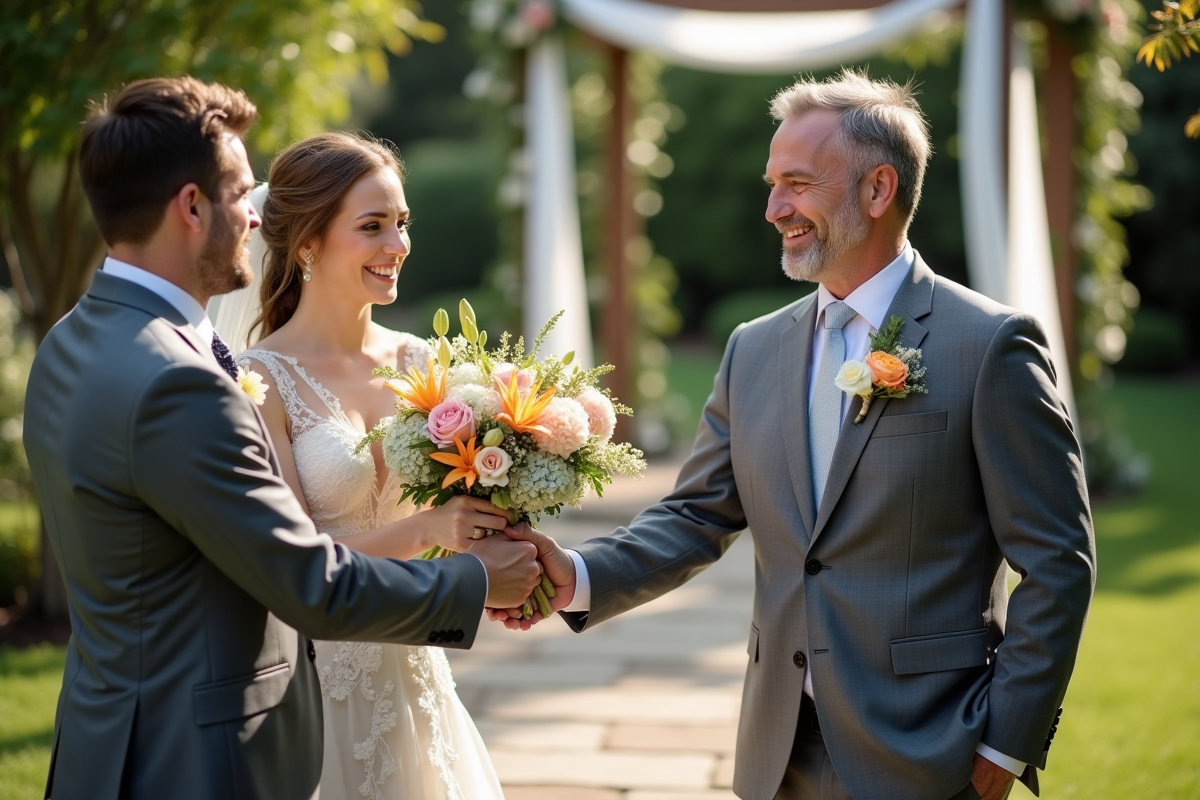 Homme en costume offrant un bouquet au couple de mariés dans le jardin