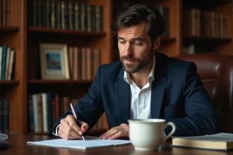 Homme en costume dans un bureau élégant en pleine réflexion