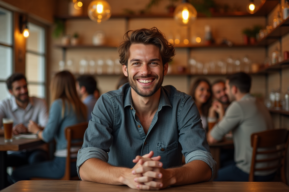 Jeune homme souriant dans un bar à tapas chaleureux