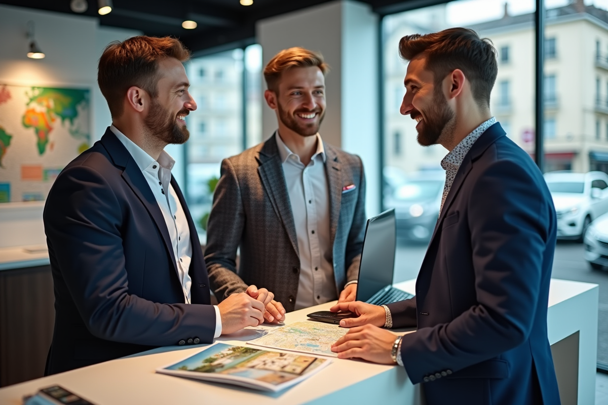 Deux hommes discutant de lune de miel dans une agence de voyage moderne