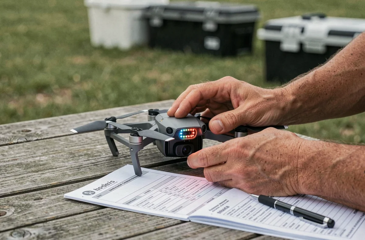 Technicien inspectant un drone de spectacle professionnel avec estimation de prix sur une table en bois extérieure