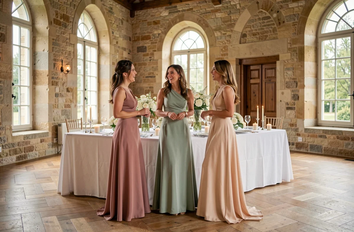 Trois invitées en longues robes de soirée élégantes aux tons discrets lors d'une réception de mariage dans un château