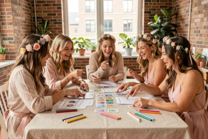 Groupe d'amies riant autour d'un jeu EVJF imprimé sur une table en bois dans un appartement moderne