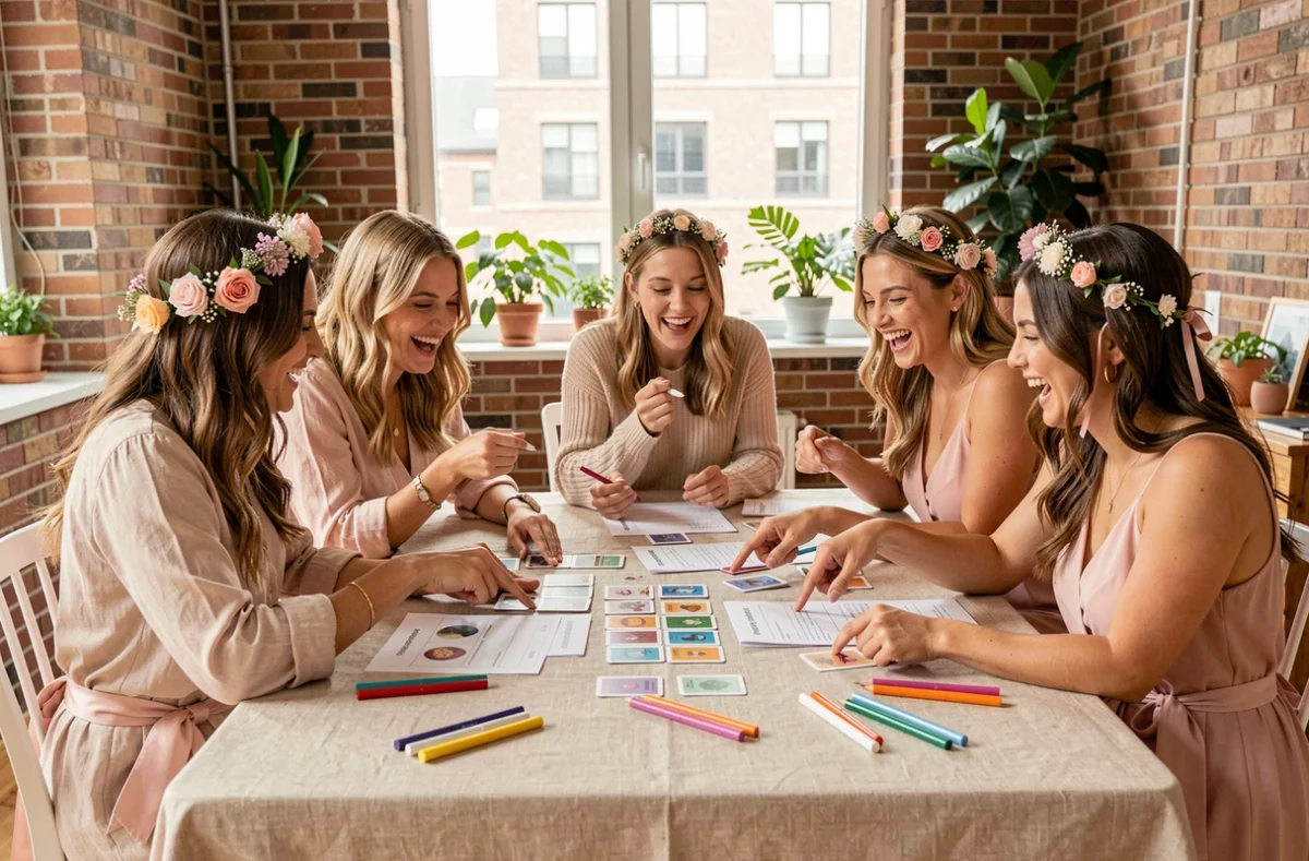 Groupe d'amies riant autour d'un jeu EVJF imprimé sur une table en bois dans un appartement moderne