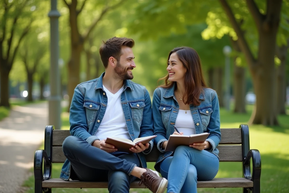 Jeune couple riant en brainstorming dans un parc en plein air