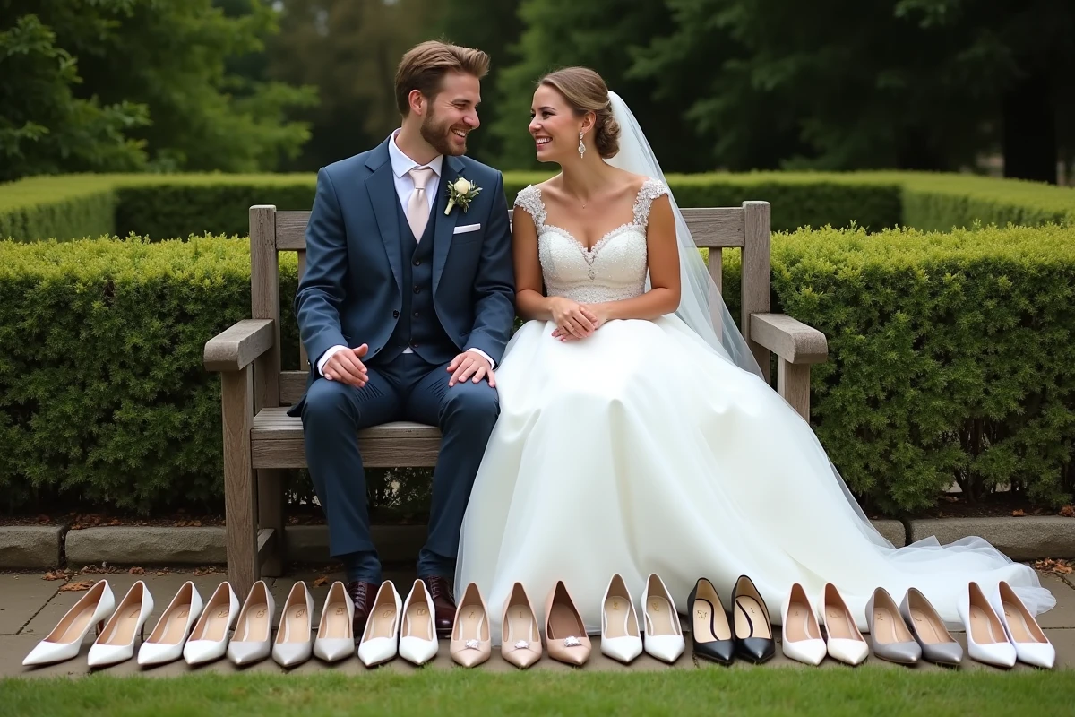 Jeune couple marié assis dans un jardin avec rangée de chaussures de mariage