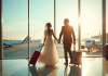 Jeune couple de mariés souriants à l'aéroport avec valises