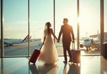 Jeune couple de mariés souriants à l'aéroport avec valises