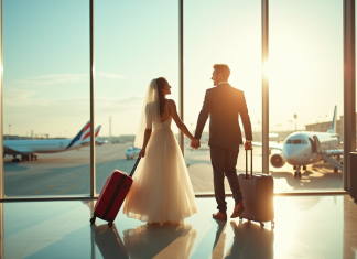 Lune de miel : Qui part en voyage après le mariage ? Jeune couple de mariés souriants à l'aéroport avec valises