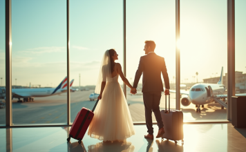 Lune de miel : Qui part en voyage après le mariage ? Jeune couple de mariés souriants à l'aéroport avec valises