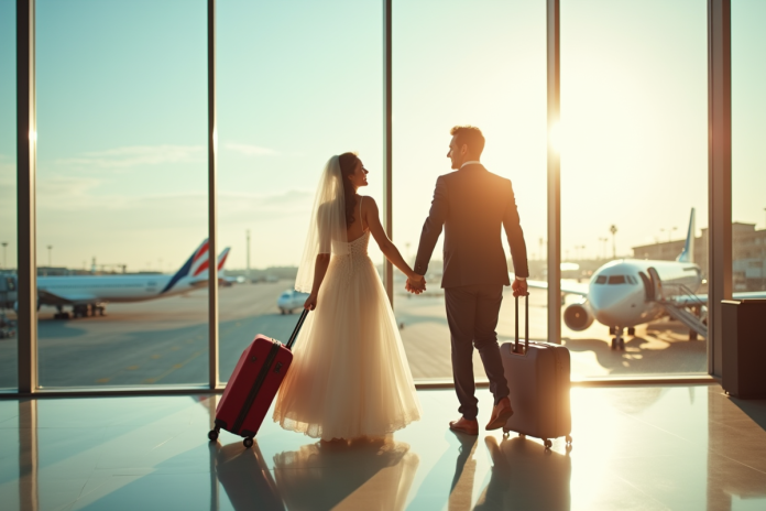 Jeune couple de mariés souriants à l'aéroport avec valises