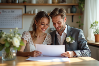Jeune couple de mariés dans la cuisine moderne lors de la planification