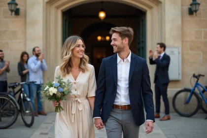 Jeune couple souriant sortant de la mairie lors d'un mariage