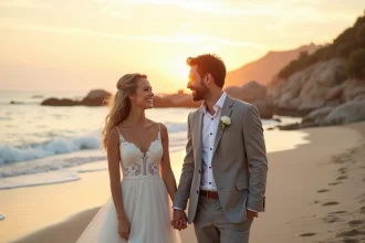 Jeune couple marié souriant sur la plage au coucher du soleil