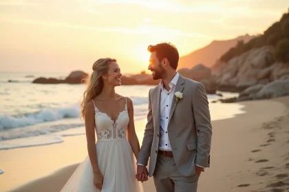 Jeune couple marié souriant sur la plage au coucher du soleil