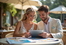 Jeune couple marié planifiant leur lune de miel en extérieur