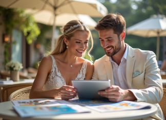 Lune de miel : Qui paie ? Prix, tradition et anecdotes à connaître ! Jeune couple marié planifiant leur lune de miel en extérieur