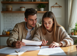 Règle des deux semaines pour le mariage : ce qu’il faut savoir et préparer Jeune couple assis à la table cuisine préparant leur mariage