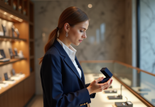 Acheter la bague du mari : qui devrait le faire ? Jeune femme examine une bague de mariage élégante en bijouterie